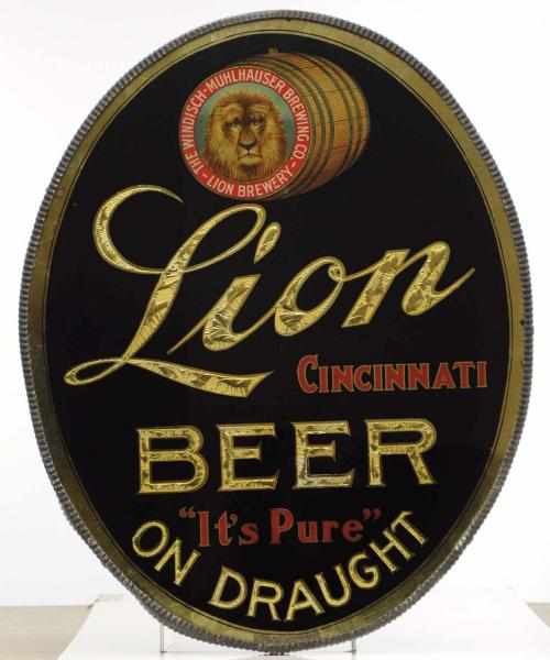 Appraisal: Lion Beer Reverse Glass Corner Sign Beautiful pre-prohibition sign Wonderful