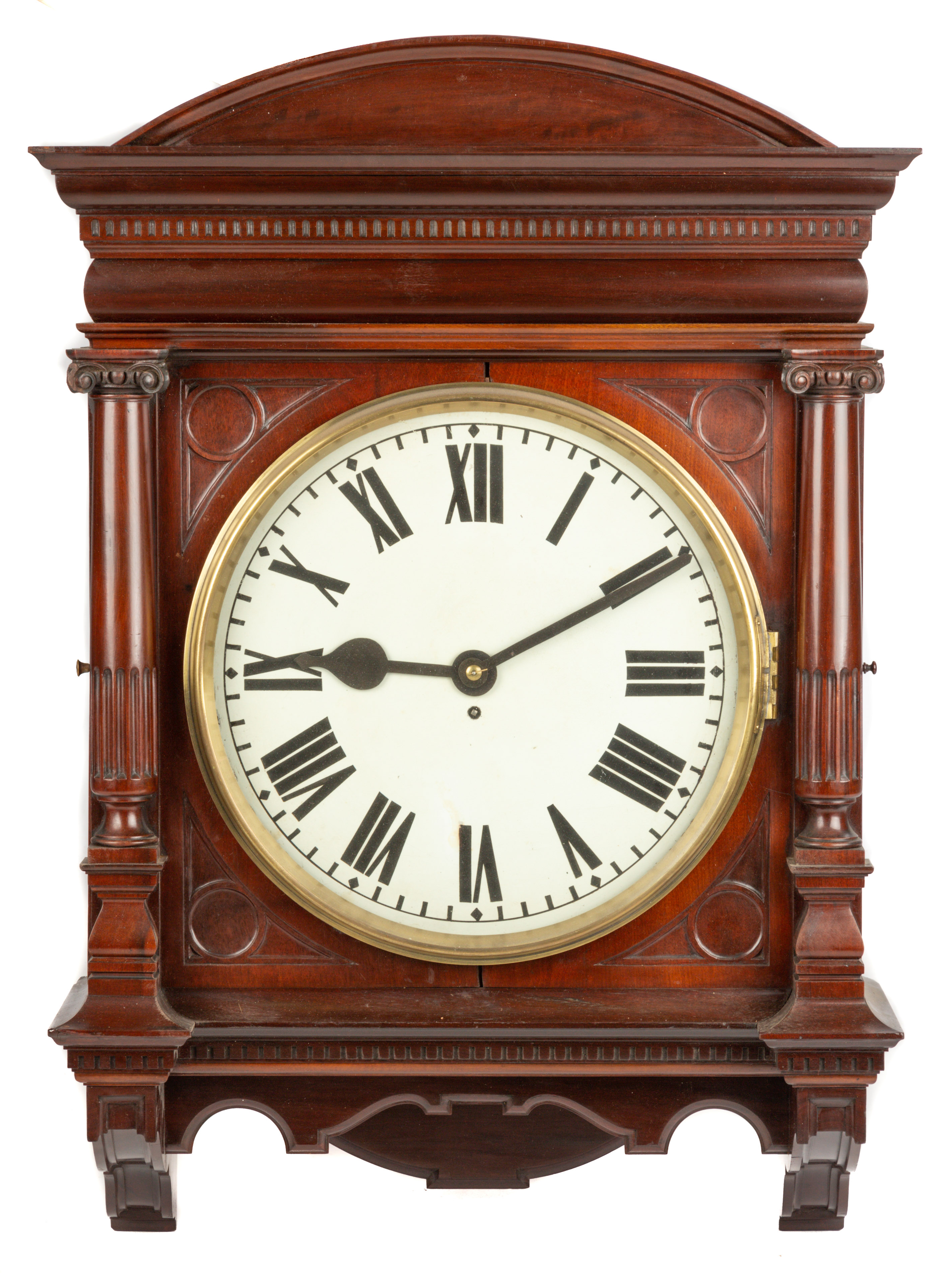 Appraisal: GALLERY CLOCK th century mahogany case with carved columns dental