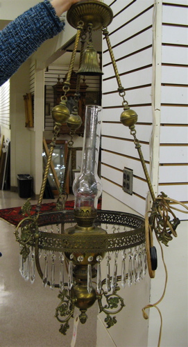 Appraisal: VICTORIAN STYLE HANGING KEROSENE LAMP American th century having a