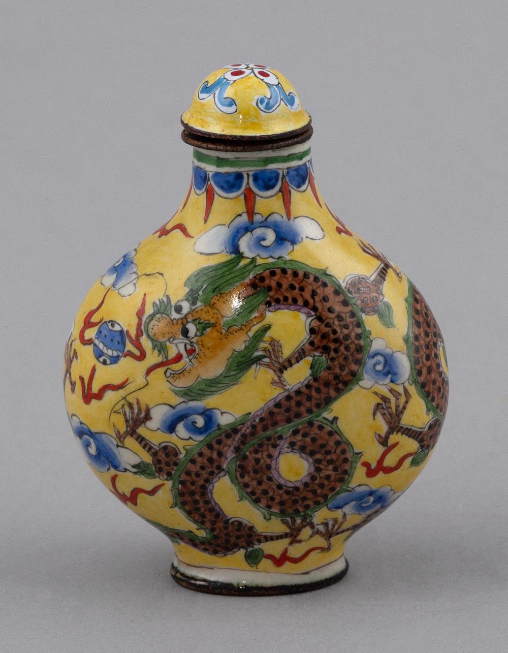 Appraisal: CHINESE FAMILLE JAUNE ENAMEL SNUFF BOTTLE EARLY TH CENTURY HEIGHT