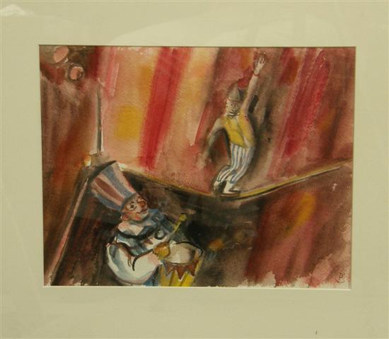 Appraisal: Penny Colman 'Circus Clowns' monogrammed 'PC' watercolour PROVENANCE Thetis Blacker