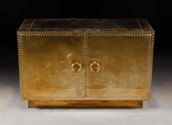 Appraisal: Contemporary Chinese style Serried sheet brass over wood two-door cabinet