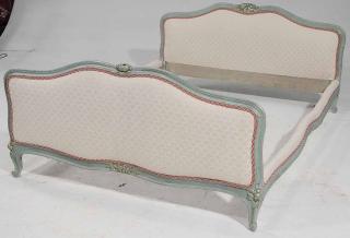 Appraisal: French Upholstered Queen Size Bed green painted carved accents upholstered