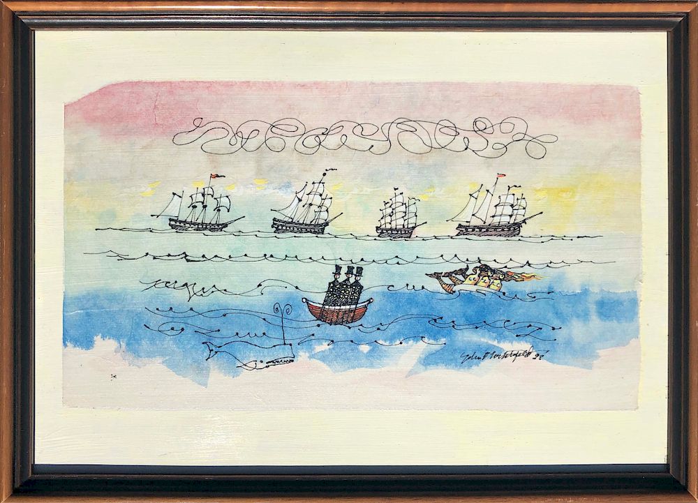 Appraisal: John Lochtefeld Gouache and Pen on Paper Clippers Sailors Mermaids