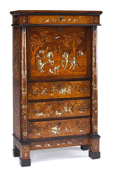 Appraisal: An Italian Neoclassical marquetry and bone inlaid walnut secr taire