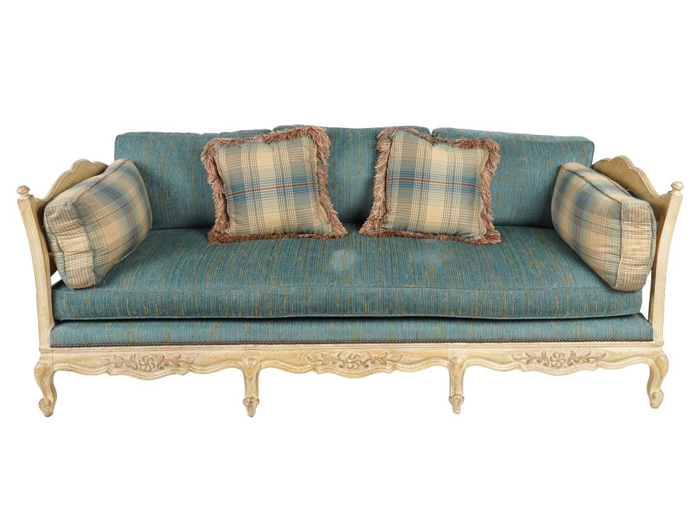 Appraisal: BLEACHED WOOD SETTEEpine with three back cushions and single seat