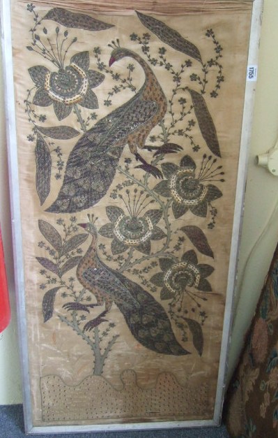 Appraisal: A Persian stumpwork panel th century depicting peacocks cm x