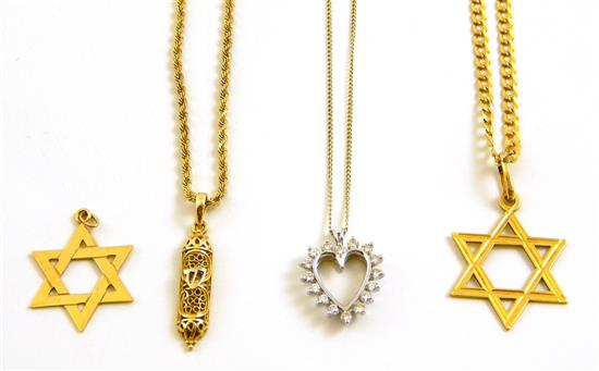 Appraisal: JEWELRY four mostly Jewish inspired necklace pendants three with chains