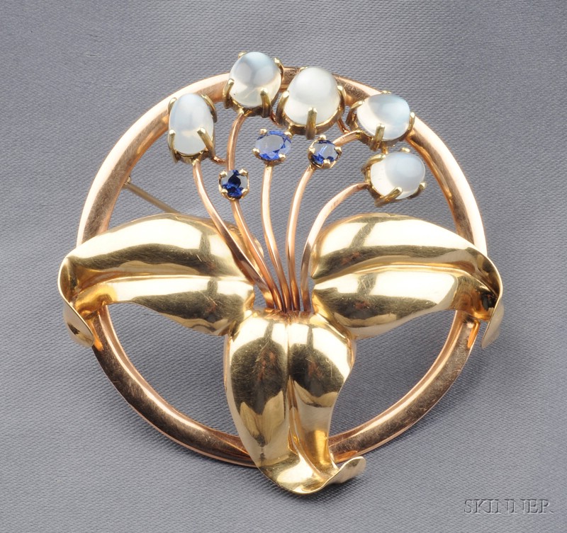 Appraisal: Retro kt Bicolor Gold Moonstone and Sapphire Flower Brooch prong-set