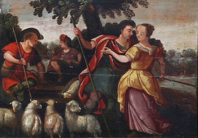 Appraisal: TH CENTURY SCHOOLLandscape with shepherds female figure and sheep oils