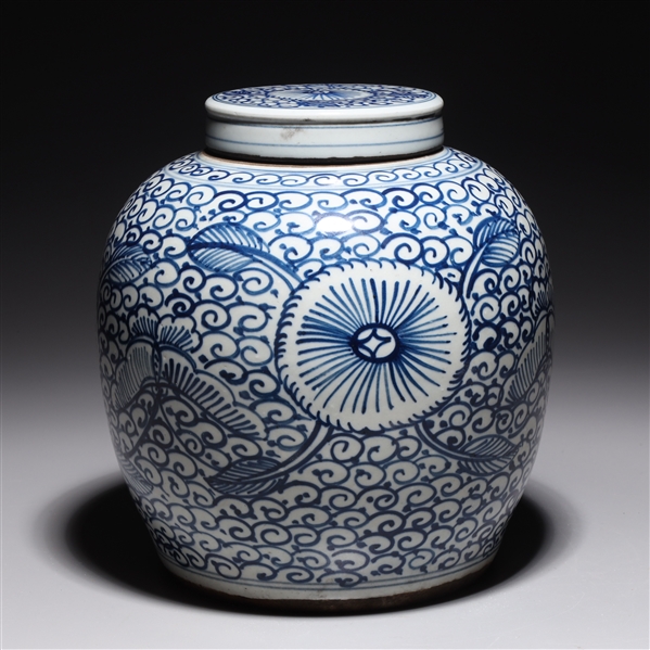 Appraisal: Chinese blue and white covered porcelain vase with allover designs