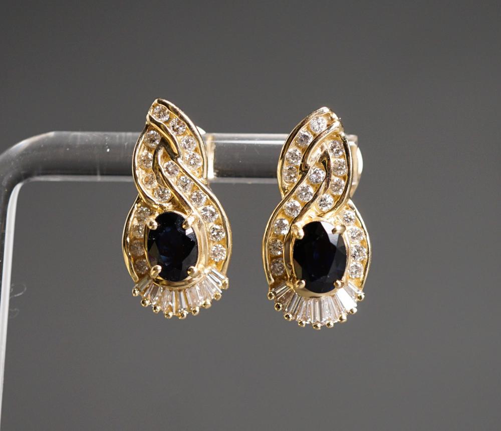 Appraisal: PAIR OF -KARAT YELLOW-GOLD BLUE SAPPHIRE AND DIAMOND FRENCH CLIP