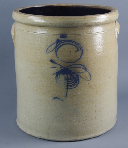 Appraisal: Cylindrical Stoneware CrockWith cobalt blue slip trailed bumble bee decoration