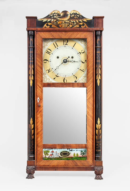 Appraisal: AMERICAN STENCILED MAHOGANY AND MIRRORED SHELF CLOCK Keyhole escutcheon has