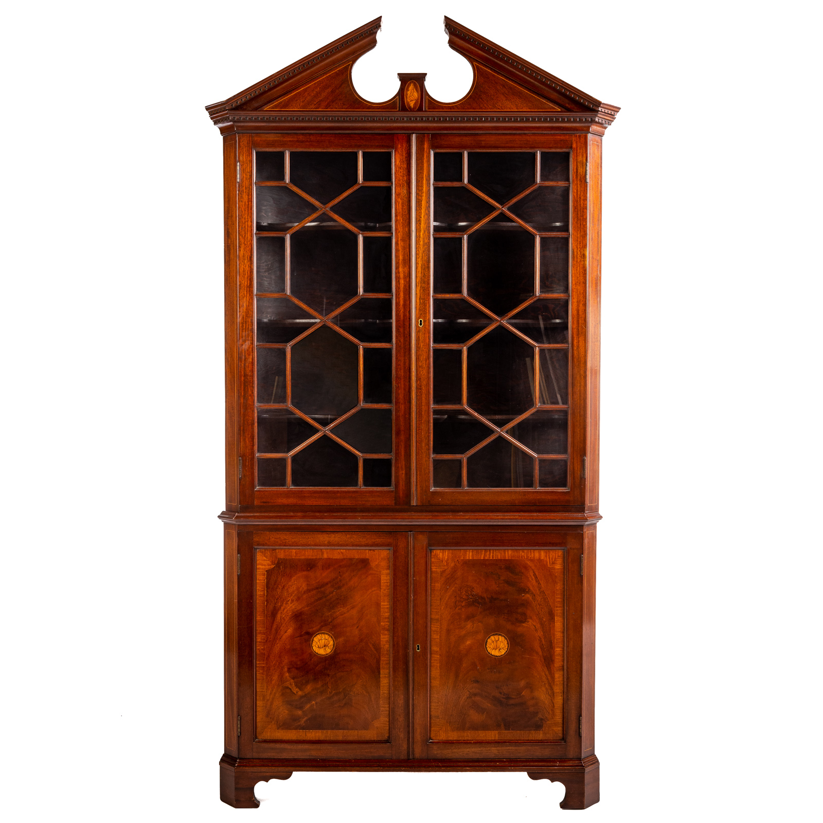 Appraisal: GEORGIAN STYLE INLAID MAHOGANY CORNER CUPBOARD th century having broken