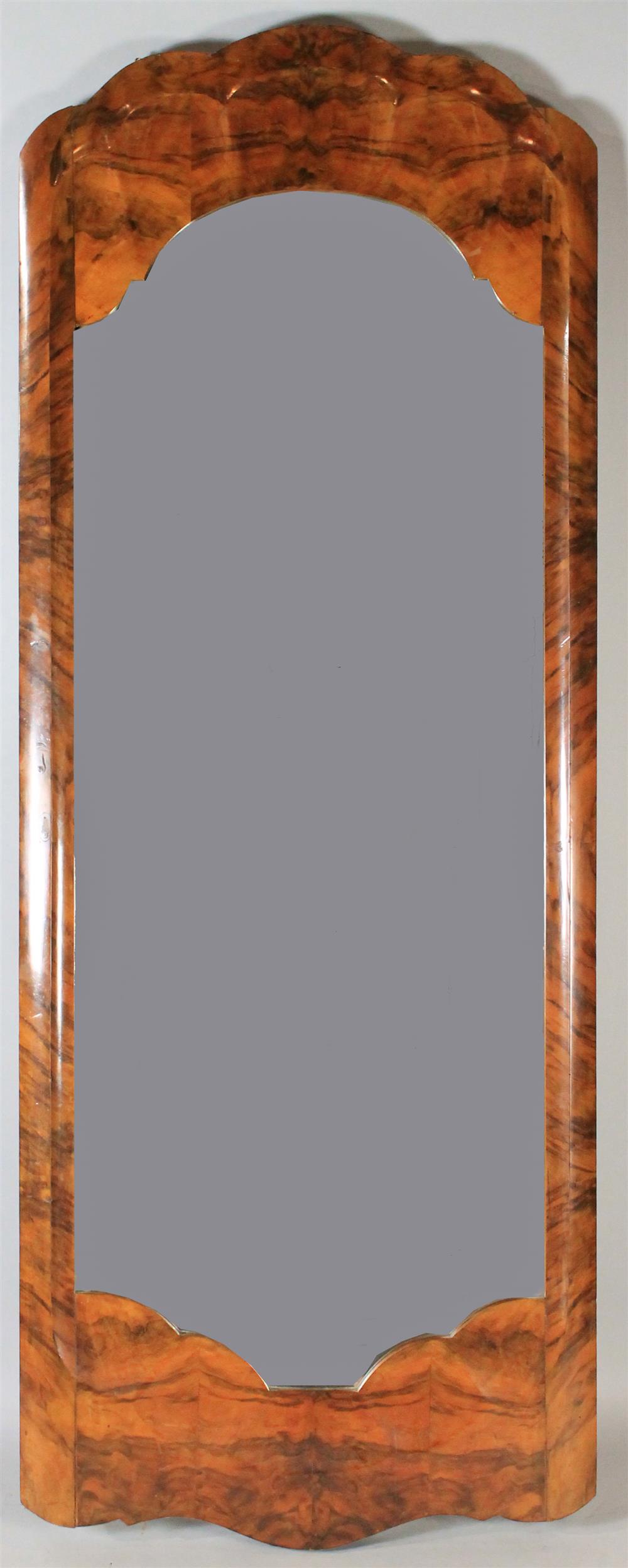 Appraisal: FRENCH ART DECO BURLED WALNUT PIER MIRROR scalloped crest frame