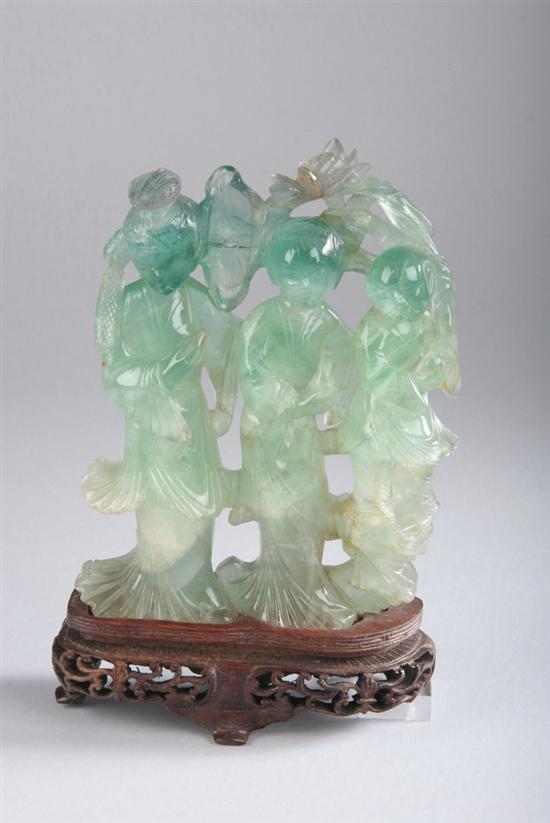 Appraisal: CHINESE GREEN QUARTZ FIGURAL GROUP Carved to depict two meiren