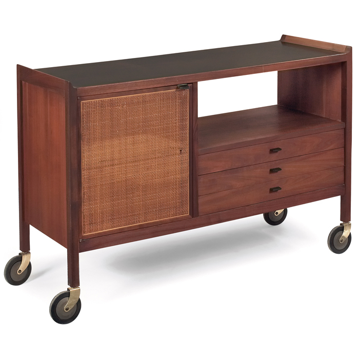 Appraisal: Danish Modern rolling cart walnut one door with caned panel