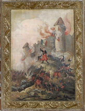 Appraisal: Continental School Battle Scene Oil on panel unsigned framed x