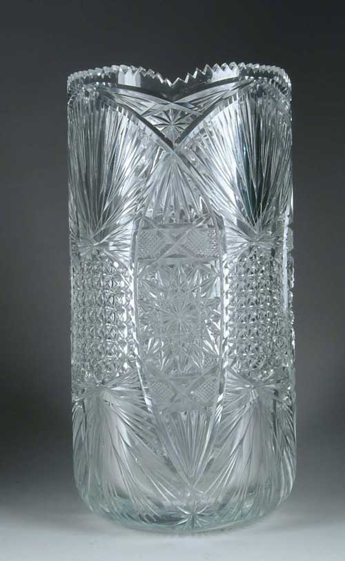 Appraisal: FINE LARGE CUT GLASS VASE Cylinder form with Hobstar diamond