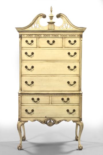 Appraisal: George III-Style Ivory-Painted Tall Chest the fretwork broken-arch crest centered