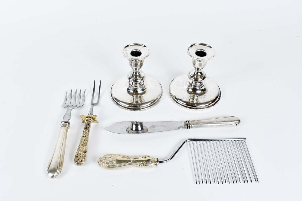 Appraisal: FIVE STERLING SERVING ITEMS PAIR OF CANDLESTICKSThe serving items comprise