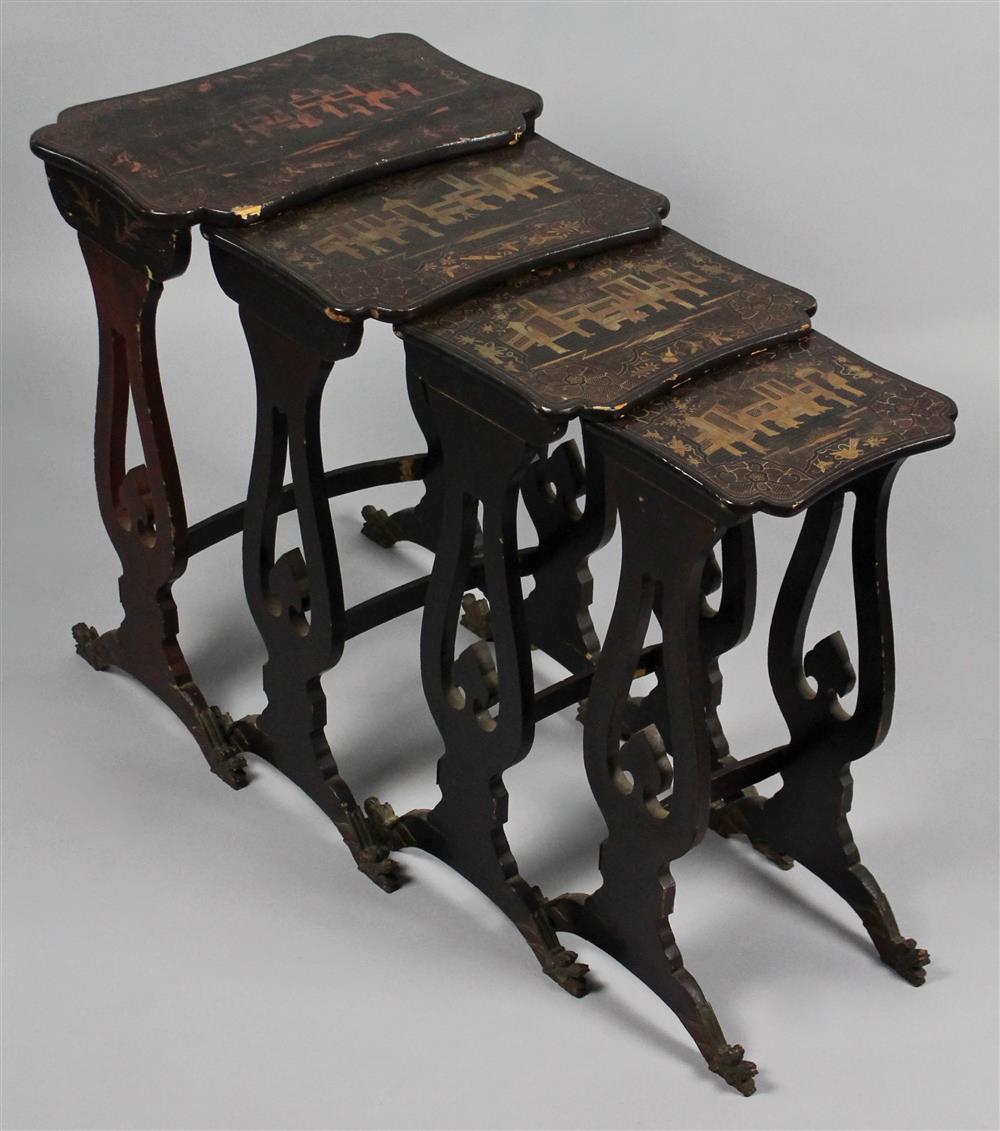 Appraisal: CHINESE EXPORT BLACK CHINOISERIE NESTING TABLES WITH BLACK LACQUER AND