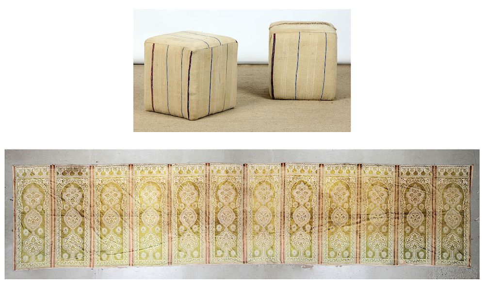 Appraisal: Long Moroccan Wall Hanging and Poufs Long Moroccan Wall Hanging