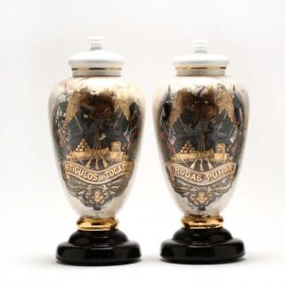 Appraisal: Pair of Monumental Reverse Glass Painted Apothecaries last quarter th