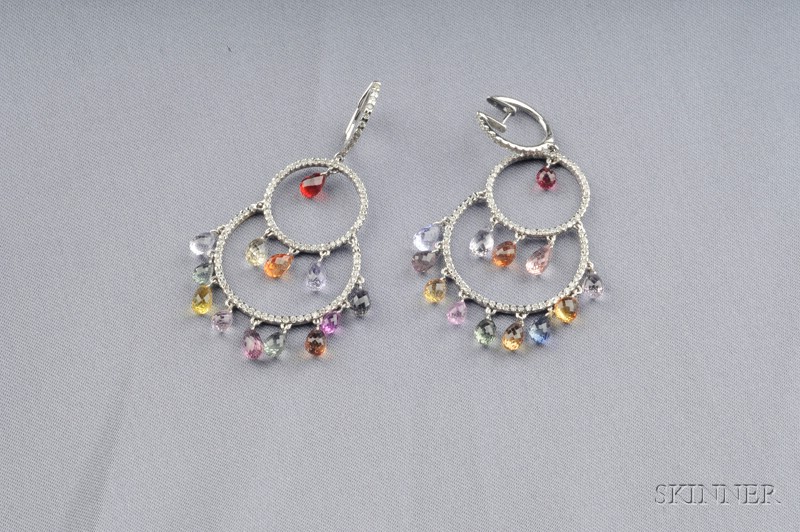 Appraisal: kt White Gold Multicolored Sapphire and Diamond Earpendants each designed