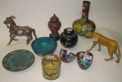 Appraisal: AN ASSORTMENT OF NINE ITEMS OF CLOISONNE a bottle-form vase