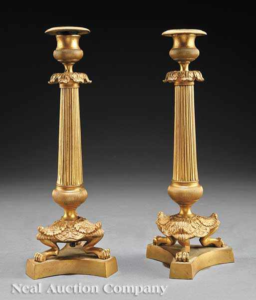 Appraisal: A Pair of Antique French Bronze Dor Candlesticks urn-form candlecups