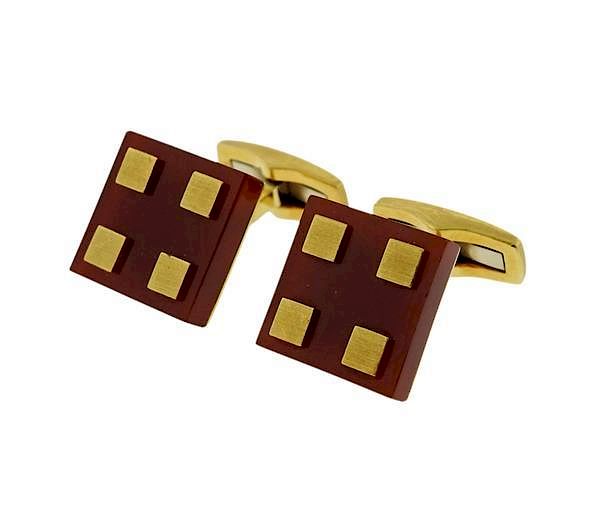 Appraisal: K Gold Carnelian Square Cufflinks METAL K Gold GEMSTONES Carnelian