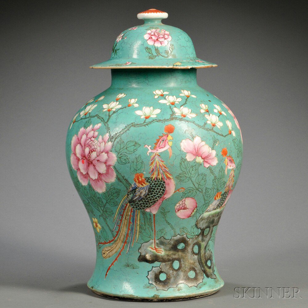 Appraisal: Enameled Green Jar China th th century meiping shape the