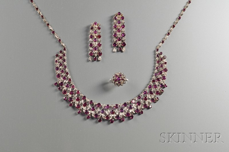 Appraisal: White Gold Diamond and Ruby Suite comprised of a necklace