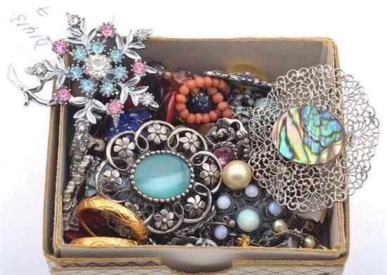 Appraisal: A BOX OF ASSORTED COSTUME JEWELLERY INCLUDING PASTE SET BROOCHES