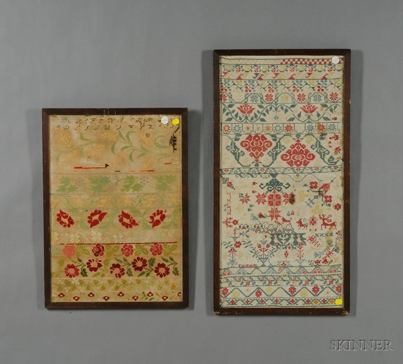 Appraisal: Two Framed Cross-stitch Band Samplers mid- th century possibly Spanish