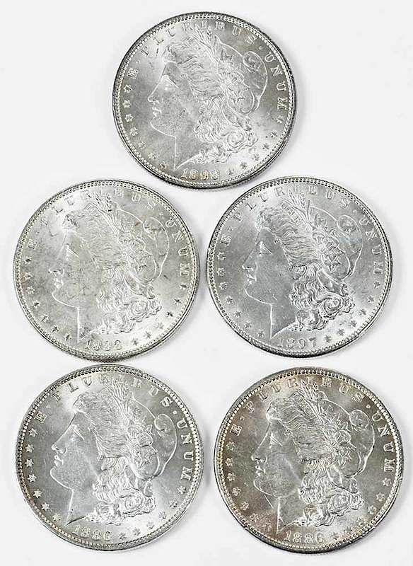 Appraisal: Five Uncirculated Philadelphia Morgan Dollars x Provenance Alex Armstrong Collection