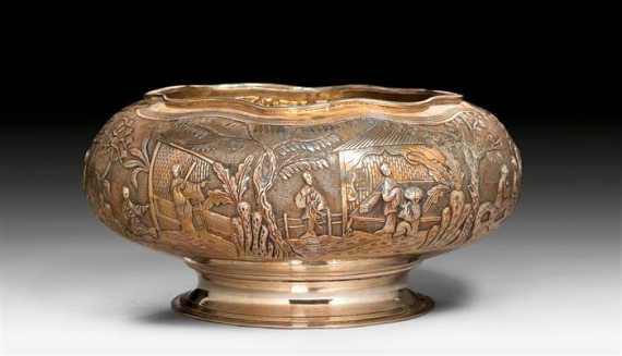 Appraisal: EMBOSSED SILVER BOWL SHOWING SCENES OF A LOVE STORY China