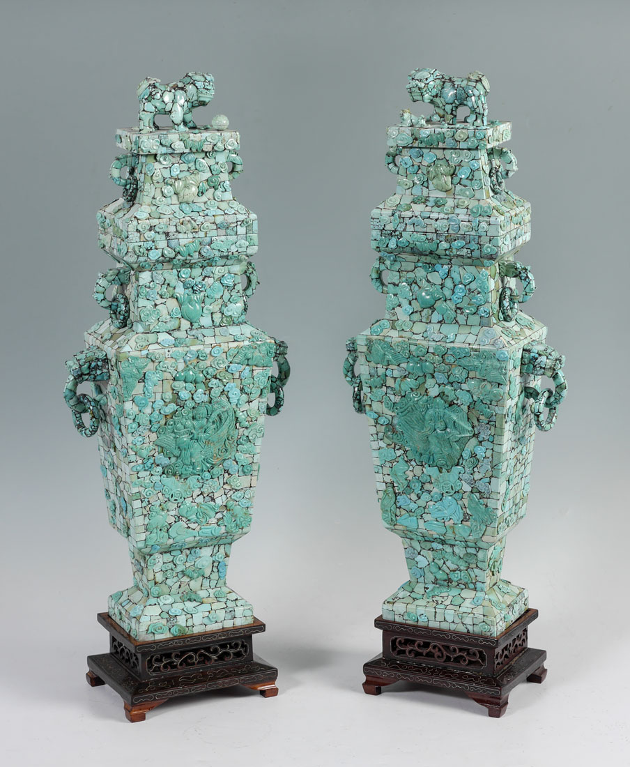 Appraisal: PAIR CHINESE TURQUOISE CLAD COVERED VASES Pair of tall vases