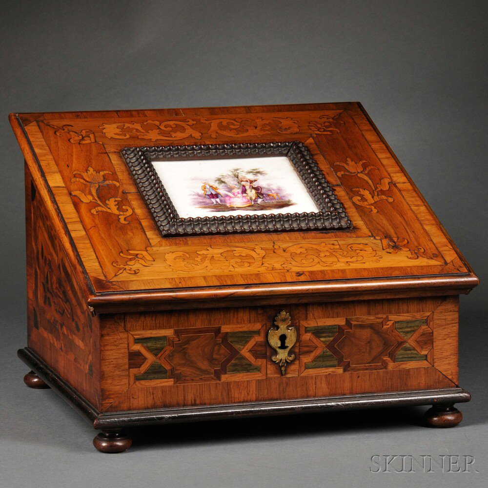 Appraisal: Marquetry Letter Box with Porcelain Insert Continental th century floral