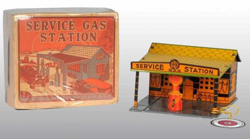 Appraisal: Tin Litho Marx Service Gas Station Toy Description American Aero