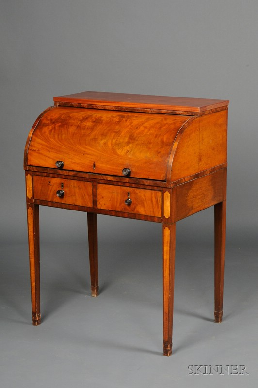 Appraisal: Regency Inlaid Mahogany Roll-top Desk early th century rectangular top