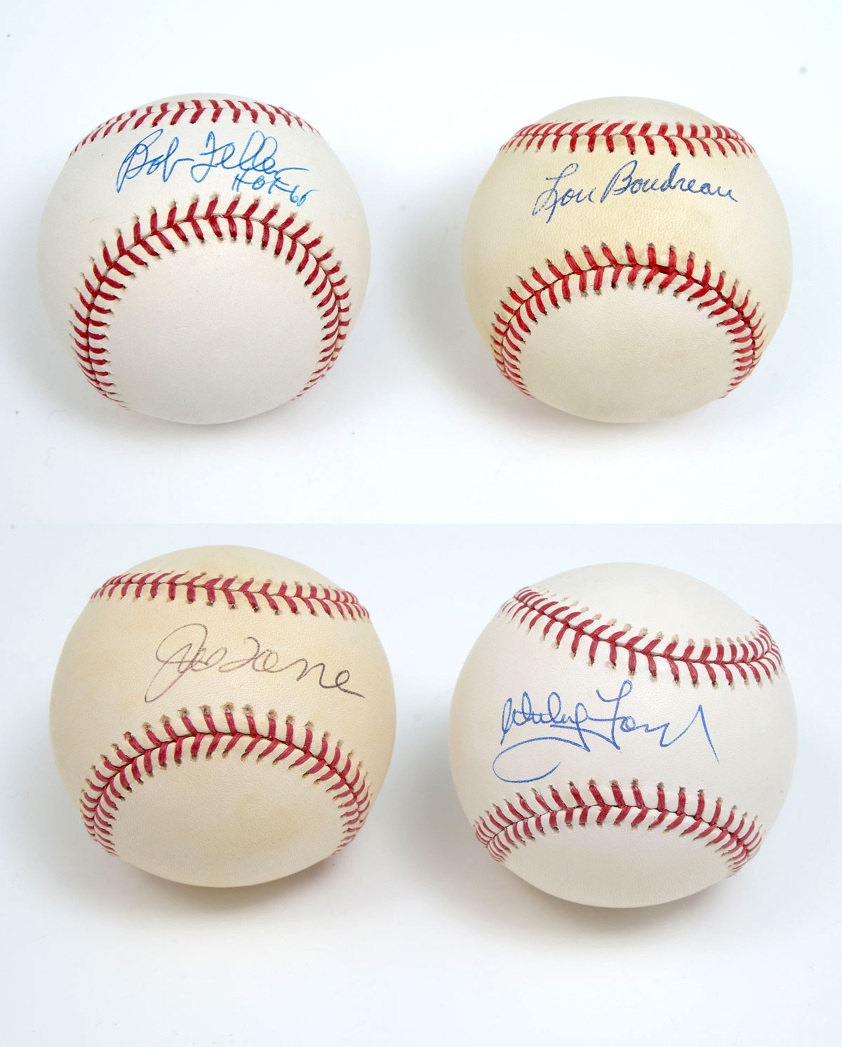 Appraisal: FOUR AUTOGRAPHED BASEBALLS BOUDREAU FELLER TORRE FORD Four autographed baseballs