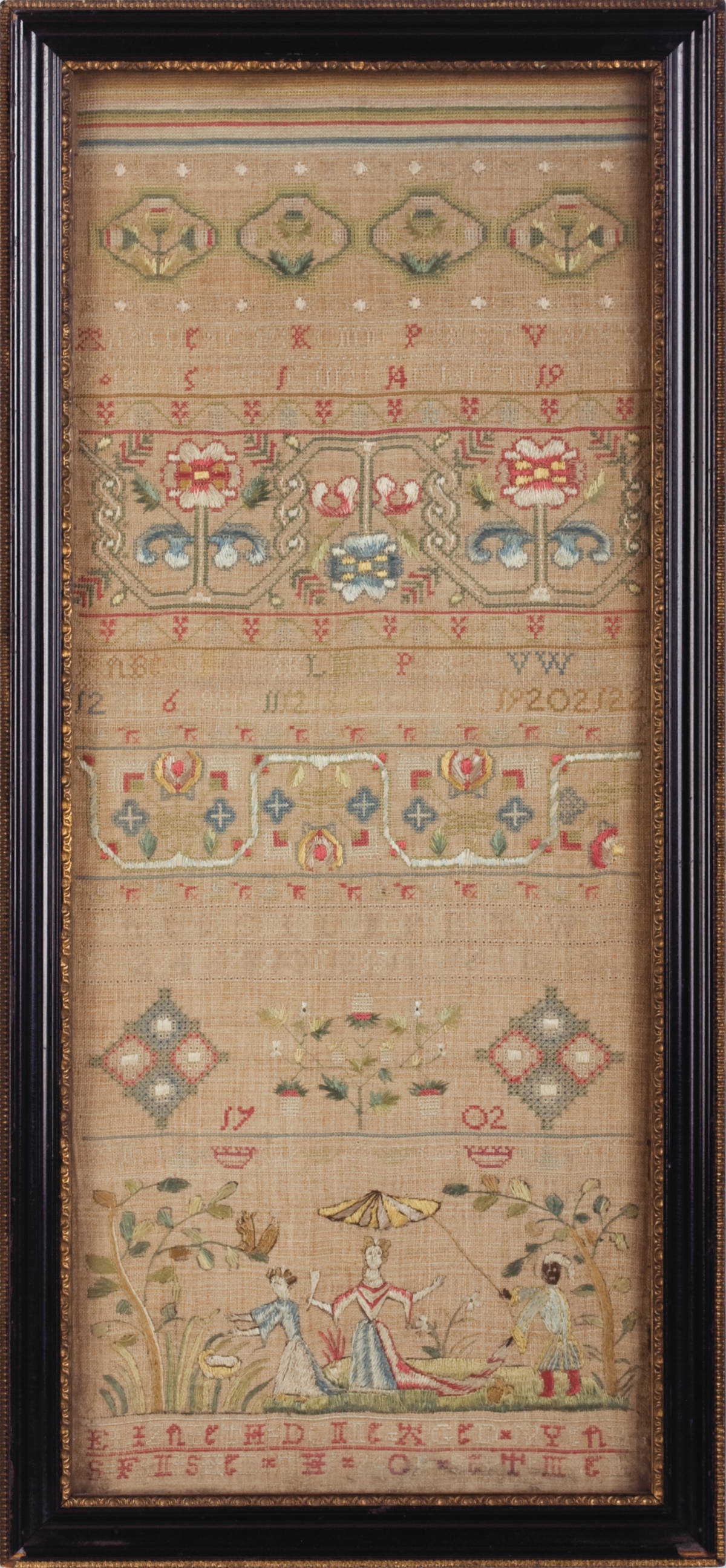 Appraisal: ENGLISH NEEDLEWORK SAMPLER BY ELIZABETH DONNE Silk threads worked on