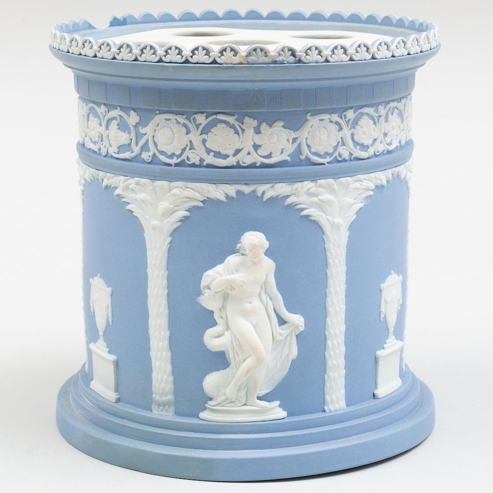 Appraisal: Wedgwood Blue and White Jasperware Bough Pot Impressed mark decorated