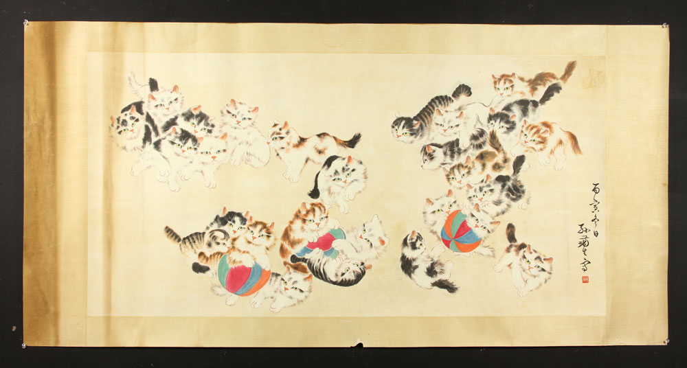 Appraisal: - Chinese W C Scroll of Cats Chinese scroll watercolor