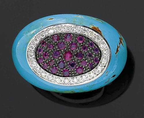 Appraisal: TURQUOISE RUBY AND BRILLIANT-CUT DIAMOND RING White gold Modern large