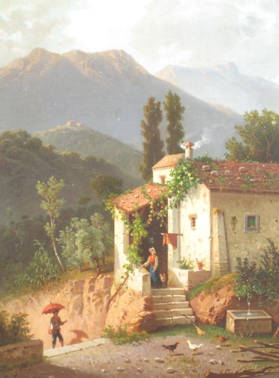 Appraisal: ITALIAN SCHOOL Figures outside a Farmstead a mountain landscape beyond