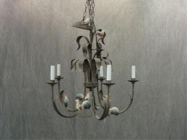 Appraisal: Arm Leaf Form Chandelier with Painted Roosters and Birds One